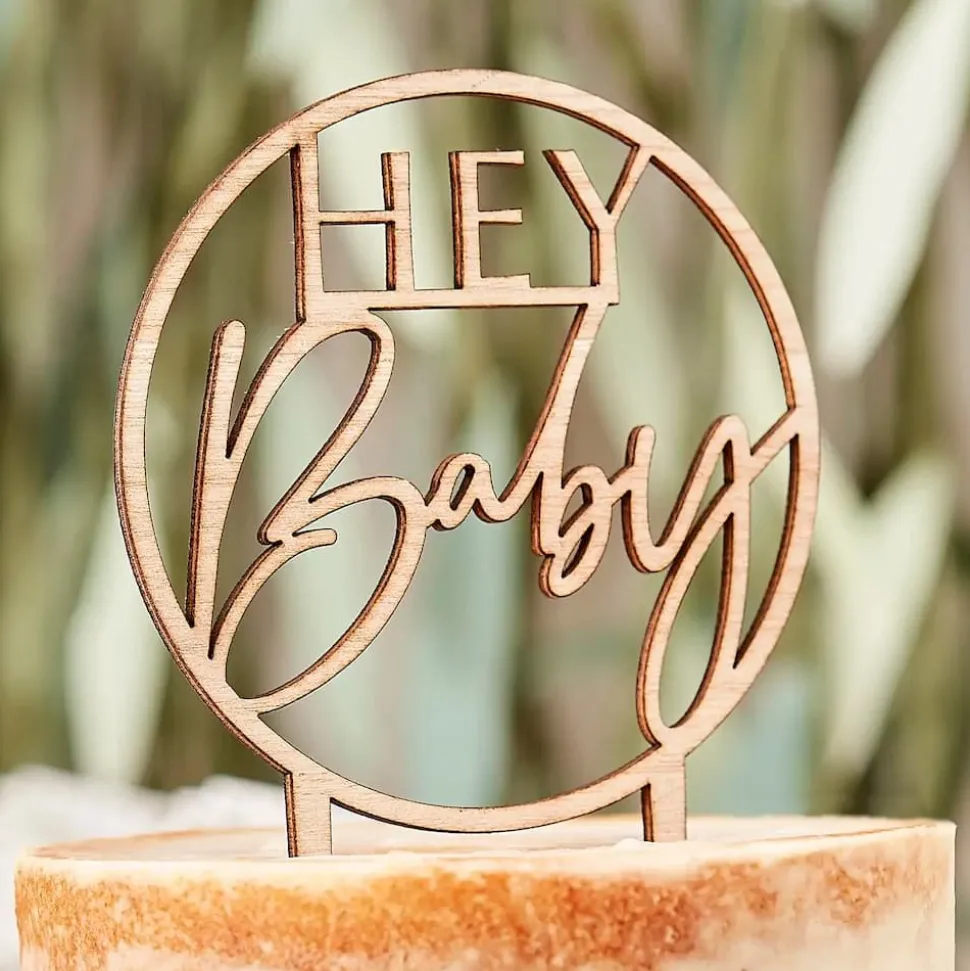 Cake Topper i tre, Hey Baby, 12 x 20 cm