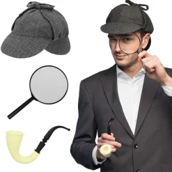 Detektivsett med hatt, pipe og forstørrelsesglass