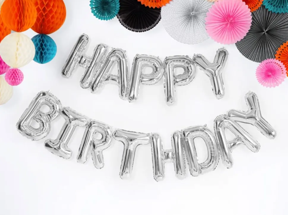 Folieballong Banner, Happy Birthday, Sølv