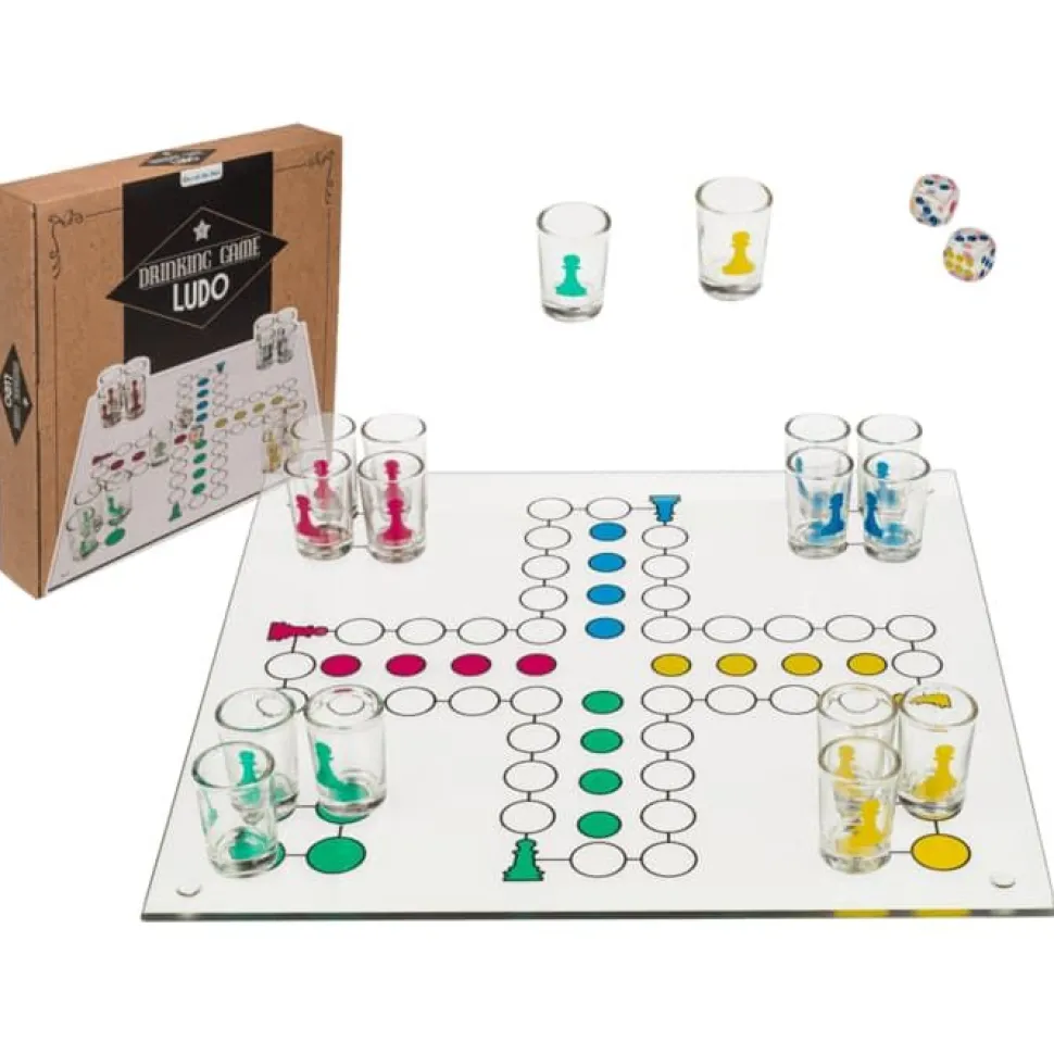 Ludo Drikkespill i glass m/16 glass, 2 terninger, spillbrett