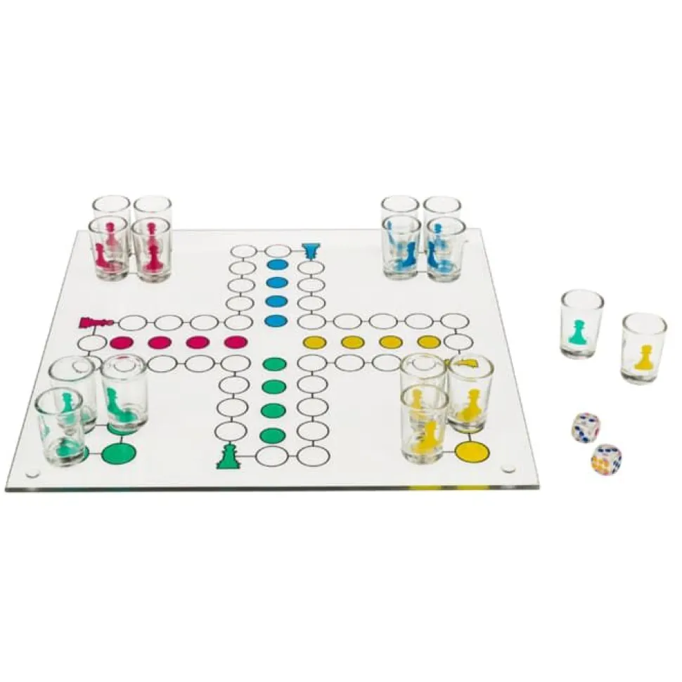 Ludo Drikkespill i glass m/16 glass, 2 terninger, spillbrett