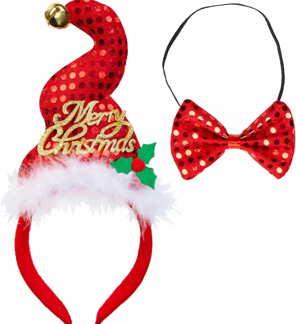 Mini-Nisselue "Merry Christmas" paljetter m/bjelle og sløye, på hårbøyle