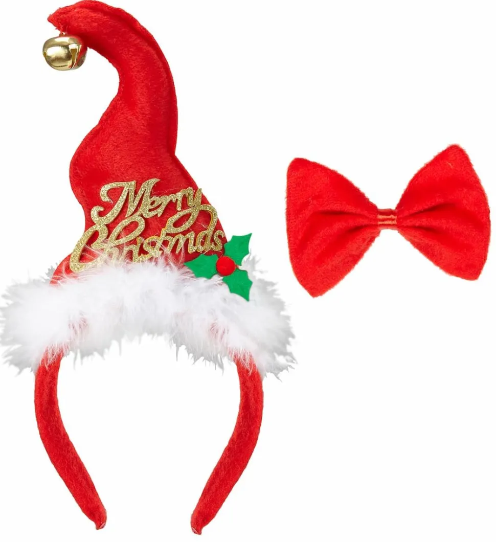 Mini-Nisselue "Merry Christmas" m/bjelle og sløyfe, på hårbøyle