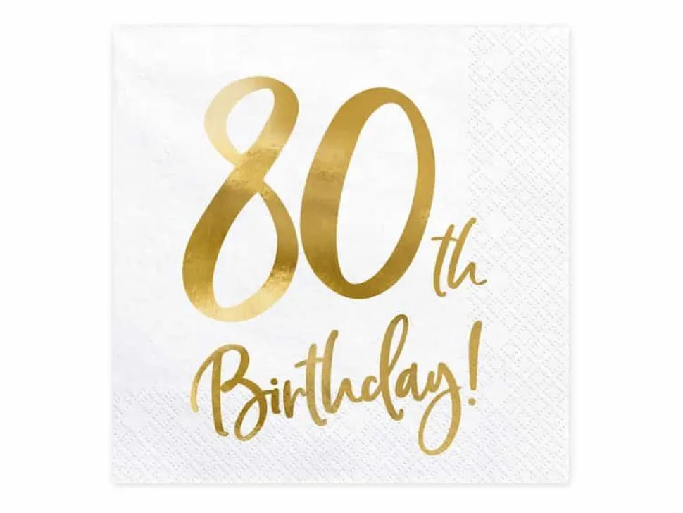 Servietter, 80th Birthday, Hvit & Gull