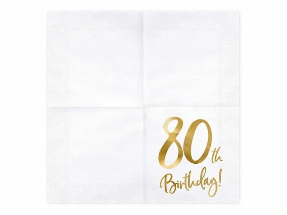 Servietter, 80th Birthday, Hvit & Gull